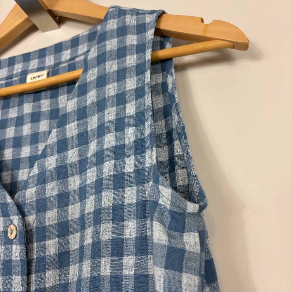 Lintico 100% Linen S Sleeveless Midi Dress Gingham Check Button Down Lagenlook - Picture 3 of 7